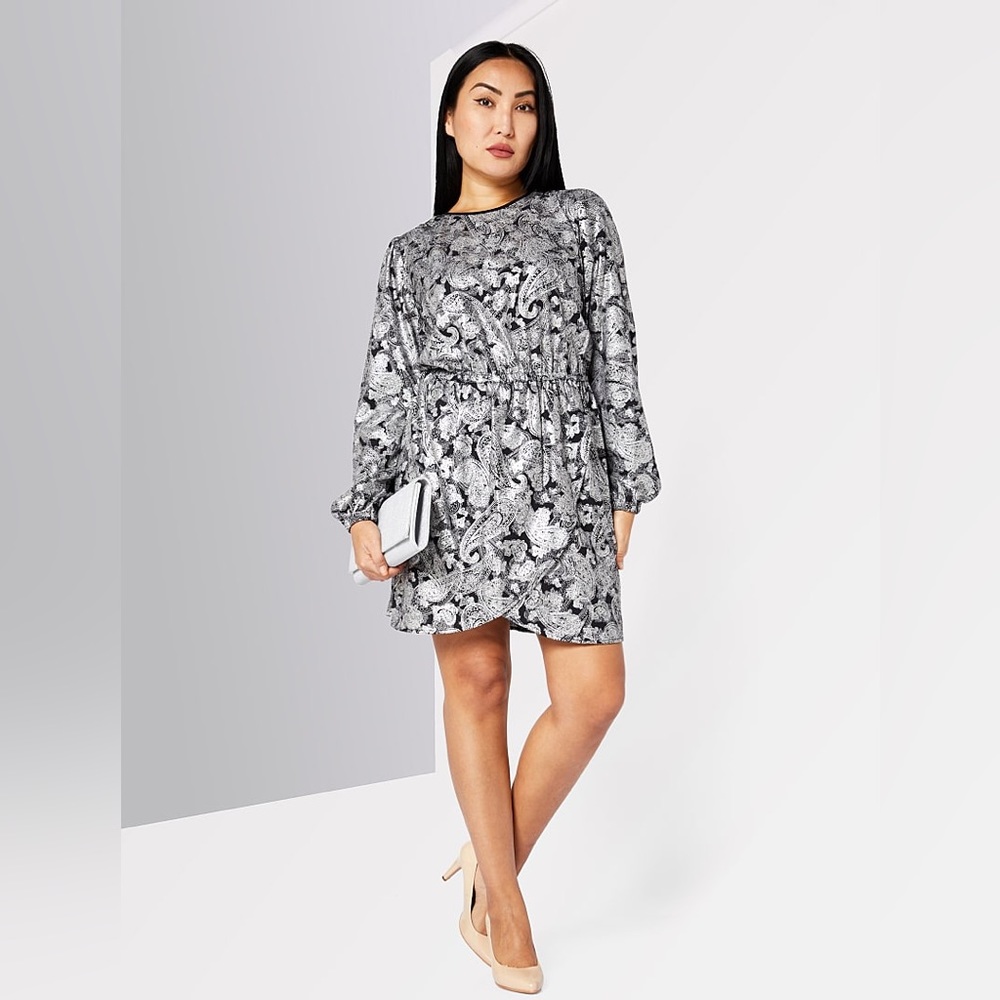 Michael Kors Women's Plus Size Foil Paisley Long Sleeve Flounce Dress, Size 1X